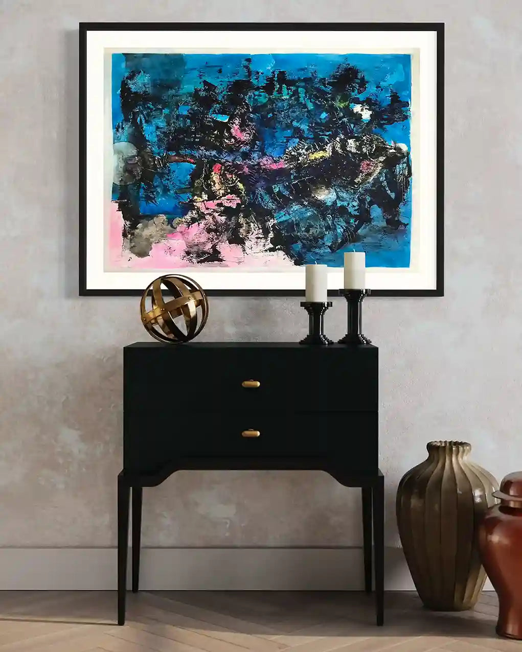 Catch The Moon painting by Samir Shareef in black frame above console with candles and gold sphere interior mockup