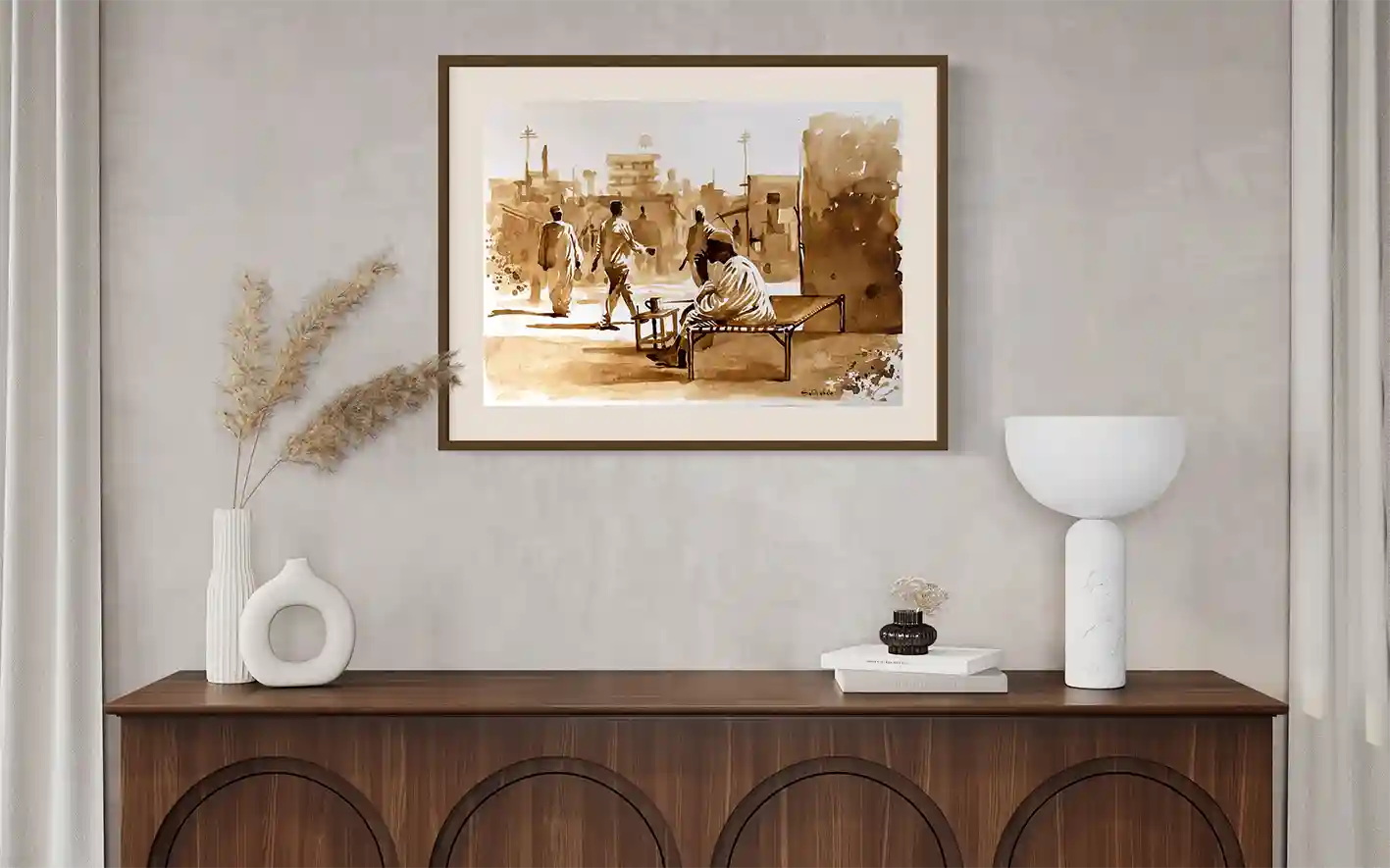 Coffee Chronicles Merchants Rest art print by Salih Abdo in wooden frame mockup on console with white ceramic decor