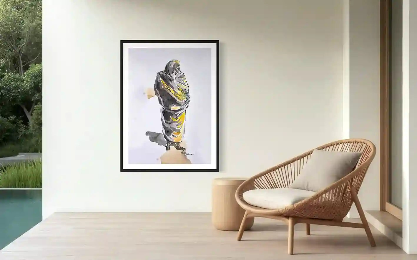 
Daughters Nile 5 framed art print mockup modern interior rattan chair pool view wall decor Yasir Algrai Sudanese woman art