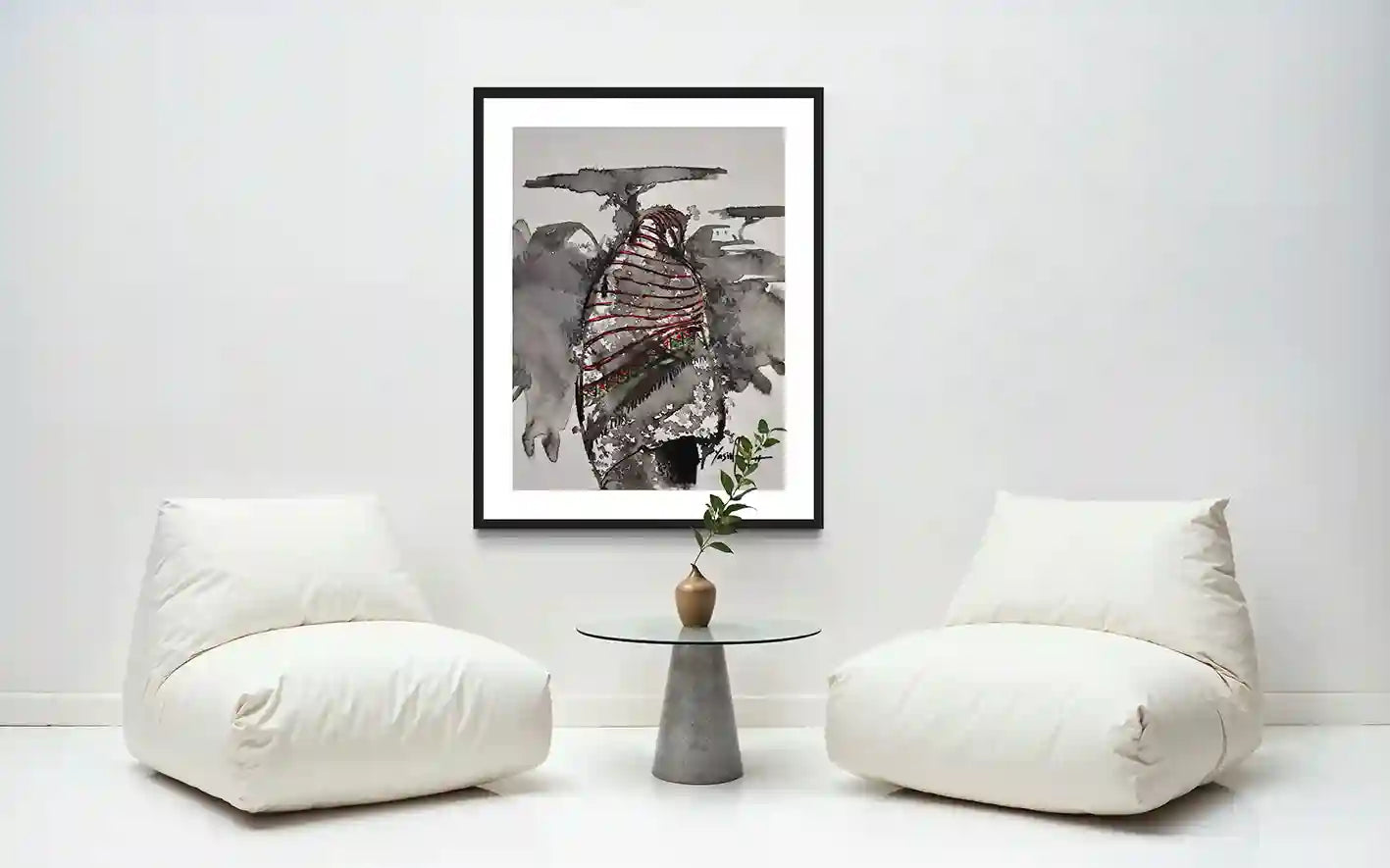 Daughters of the Nile 8 framed art print mockup by Yasir Algrai in modern white interior with bean bag chairs