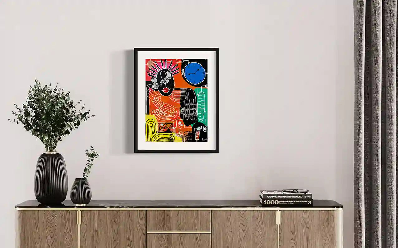 Disrupted Time 2 by Usra Hamza original artwork mockup - colorful abstract mixed media art in modern interior display