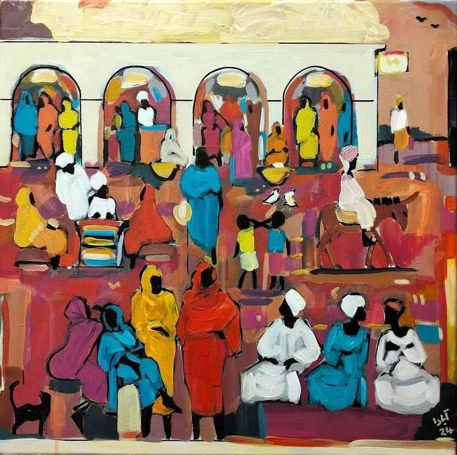 This image features a vibrant and colorful acrylic painting on canvas, titled "Untitled 2." The artwork depicts a lively scene inspired by African culture, showing a market environment with multiple figures engaging in trading activities.