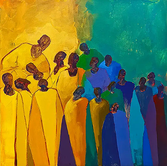 Echoes of the Unseen acrylic painting by Osman Adam featuring colorful robed figures in yellow, blue and green tones