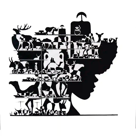 Enas by Gungalito - black and white silhouette of woman's profile filled with animals, figures, and village scenes