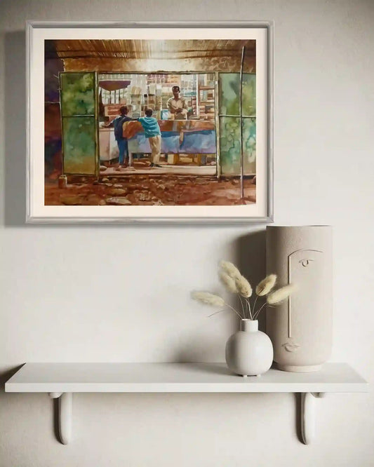 Evening Errands watercolor by Hussein Merghani framed on wall, corner shop painting home decor mockup online store