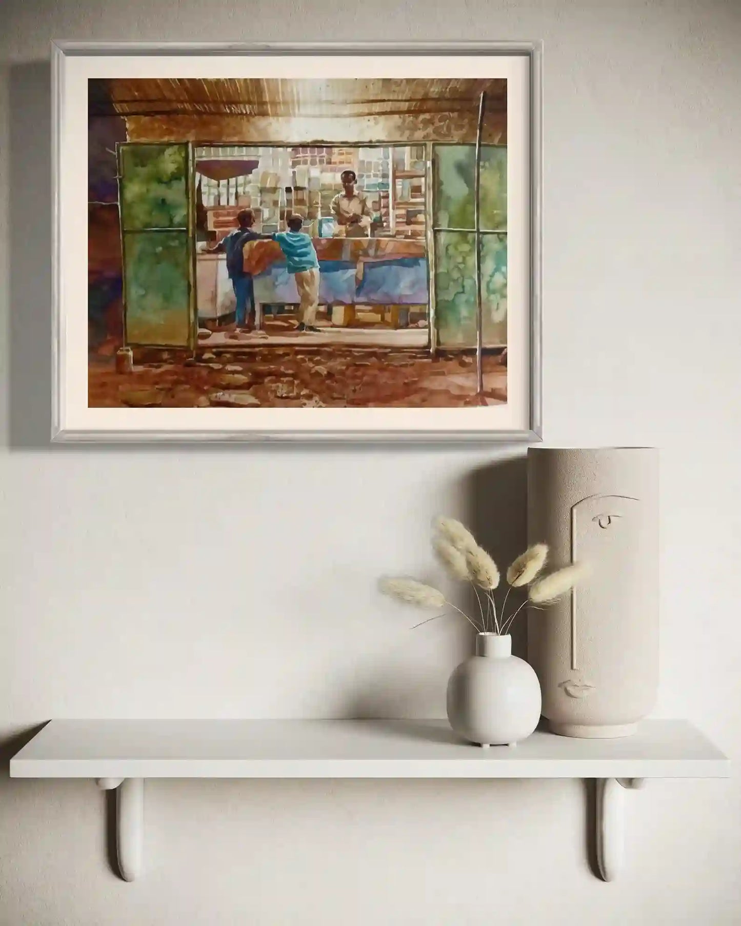 Evening Errands watercolor by Hussein Merghani framed on wall, corner shop painting home decor mockup online store