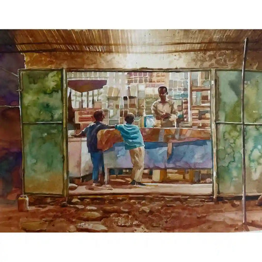 Evening Errands watercolor painting by Hussein Merghani showing two boys at corner shop, original art for sale online