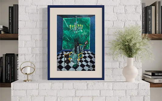 Framed painting A Feminine Day by Yasmeen Abdullah on white brick mantel with books and minimalist styling