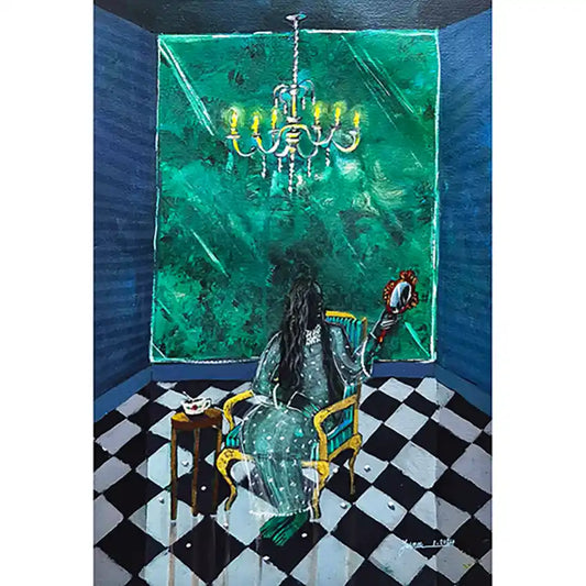 A Feminine Day acrylic painting by Yasmeen Abdullah featuring woman with mirror on checkered floor under chandelier