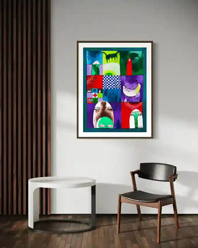 "Geometry of the Mind" art print by Abushariaa Ahmed framed above white table and wooden chair interior