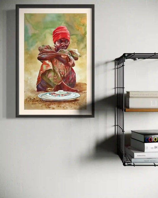 Girl in Red Head Wrap framed watercolor by Hussein Merghani above black metal shelf modern interior mockup