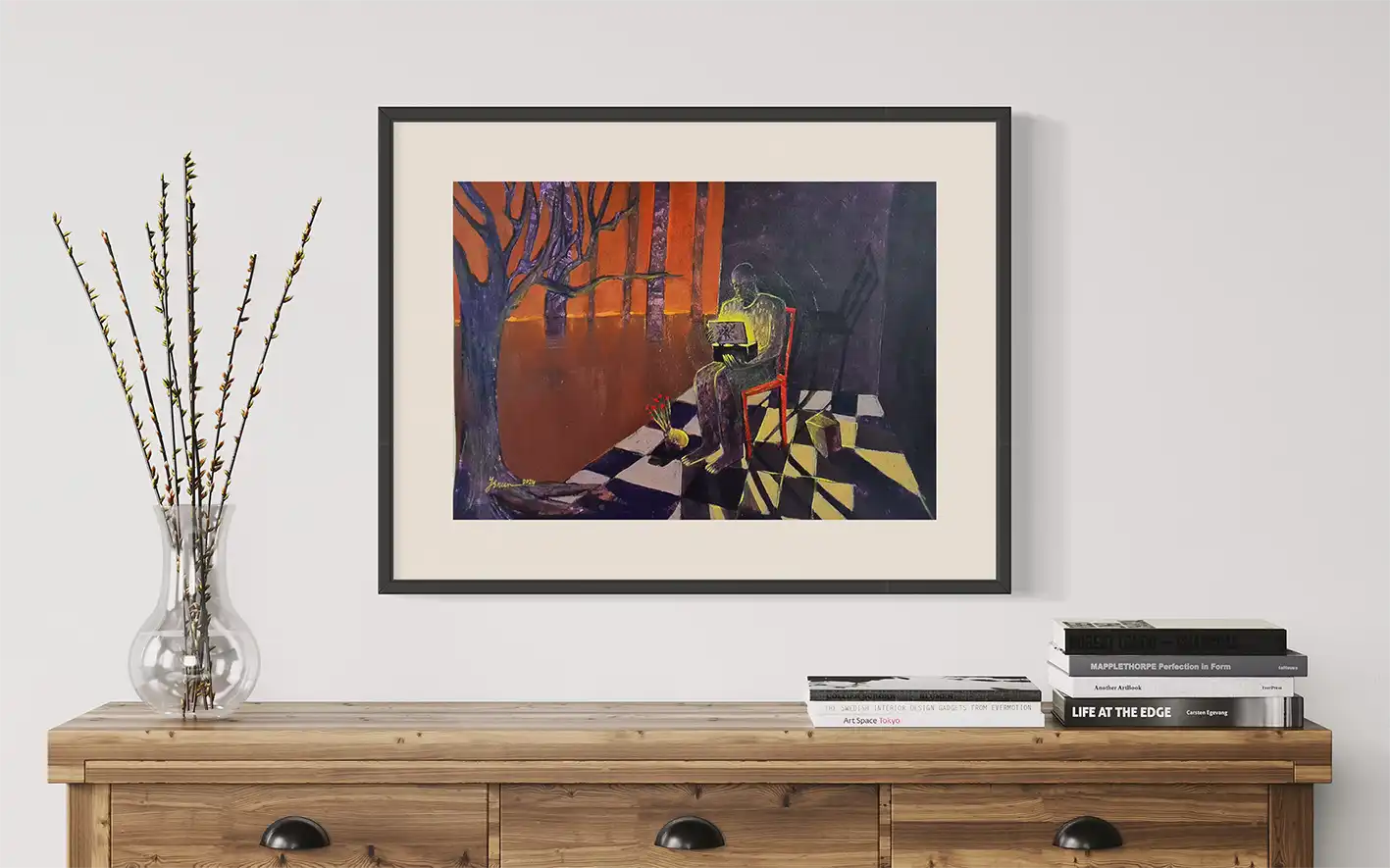 Yasmeen Abdullah glowing box painting mockup on white wall above wooden console with books and dried branches in glass vase