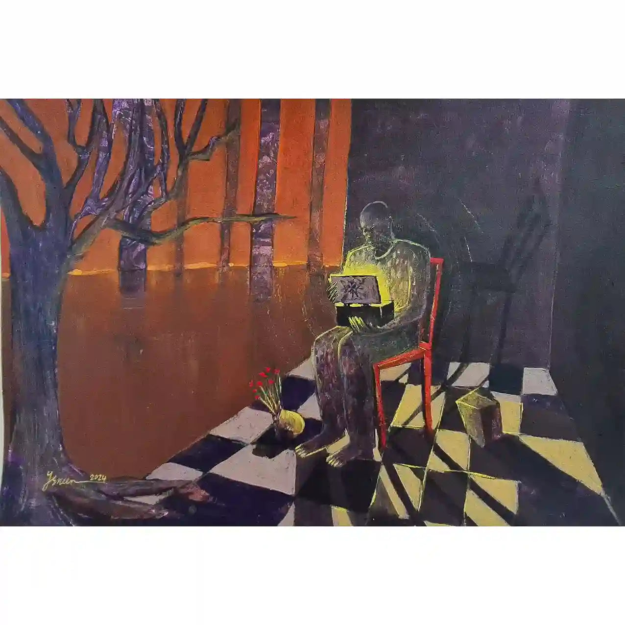 Yasmeen Abdullah painting: figure with glowing yellow box on red chair, checkered floor, tree, warm contemporary art