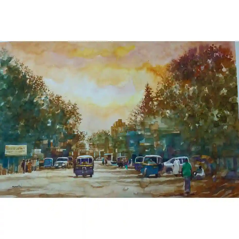 Golden Hour watercolor painting by Hussein Merghani showing bustling Sudanese street scene with buses, tuk-tuks and pedestrians
