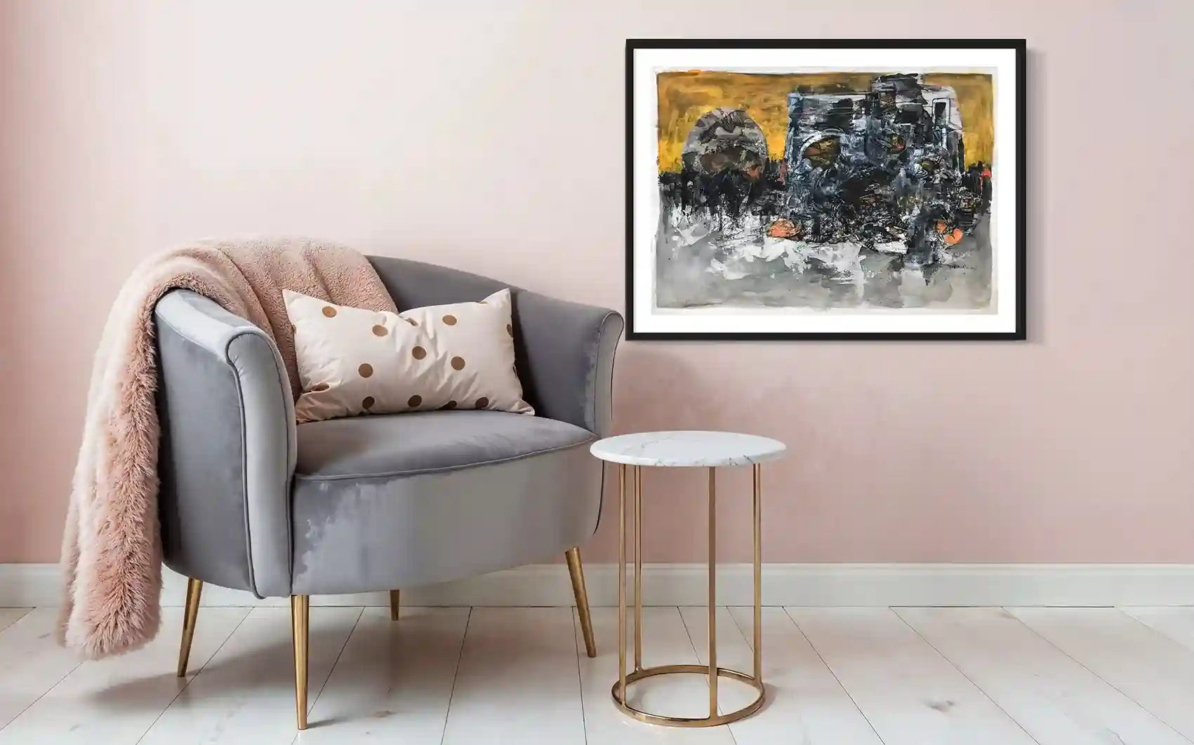 Golden Sky painting by Samir Shareef in black frame above gray velvet chair with blush pink wall interior mockup