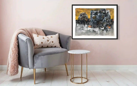 Golden Sky painting by Samir Shareef in black frame above gray velvet chair with blush pink wall interior mockup