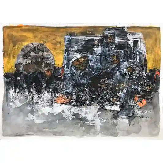 Golden Sky abstract acrylic painting by Samir Shareef with warm gold, blacks, and grays in textured expressive style