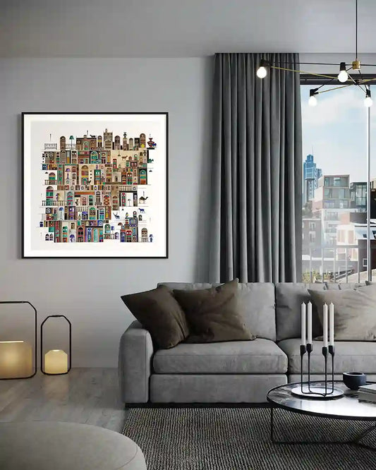 City Front 1 by Gungalito in modern living room - layered Middle Eastern architecture with ornate colorful doors and windows