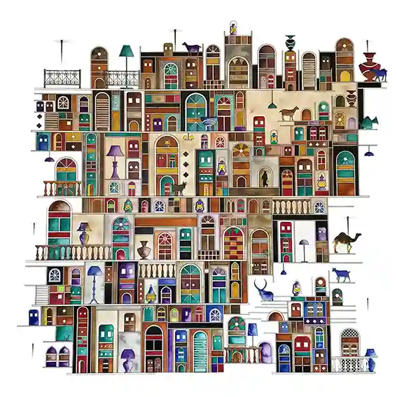 City Front 1 by Gungalito - acrylic painting of layered Middle Eastern architecture with ornate doors, windows and balconies