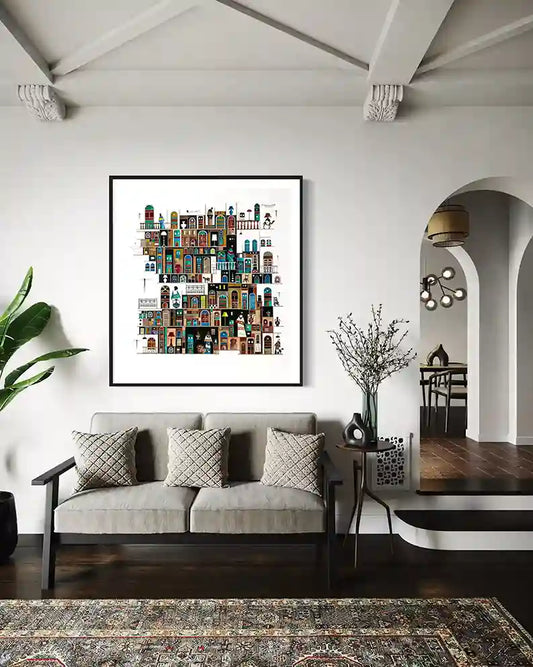 City Front 2 by Gungalito in Mediterranean living room - layered Middle Eastern architecture painting with colorful facades