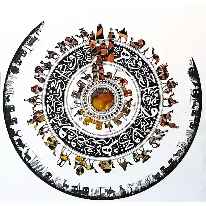 Cycle of Life 3 art print by Gungalito featuring spiral mandala with Arabic calligraphy, camels, and figures in amber tones