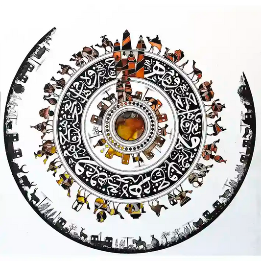 Cycle of Life 3 art print by Gungalito featuring spiral mandala with Arabic calligraphy, camels, and figures in amber tones