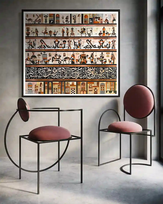 Don't Be Away by Gungalito in modern interior - layered Middle Eastern life scenes with Arabic calligraphy art wall decor