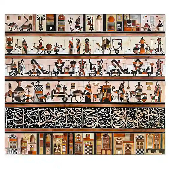 Don't Be Away by Gungalito - acrylic painting with layered Middle Eastern daily life scenes and Arabic calligraphy border