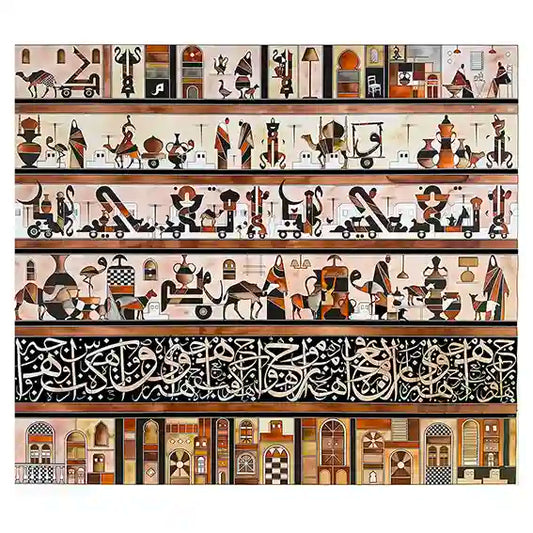 Don't Be Away by Gungalito - acrylic painting with layered Middle Eastern daily life scenes and Arabic calligraphy border