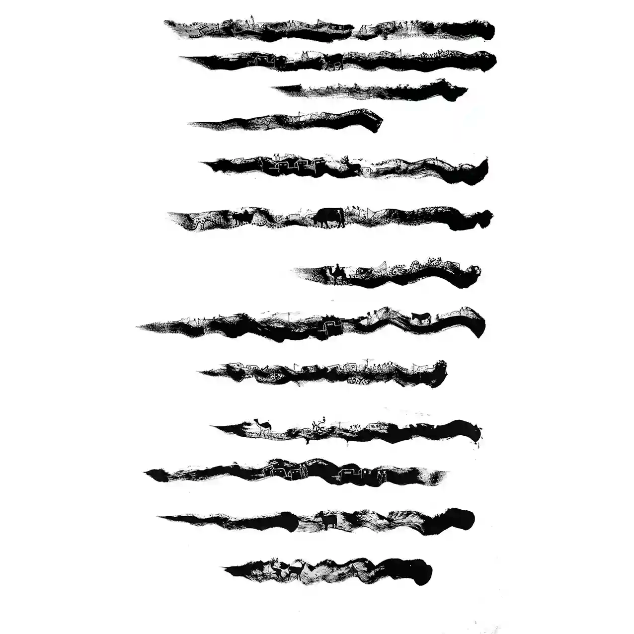 
Landscape1 by Gungalito - Black ink desert art print with camels, bulls and houses in abstract horizontal bands