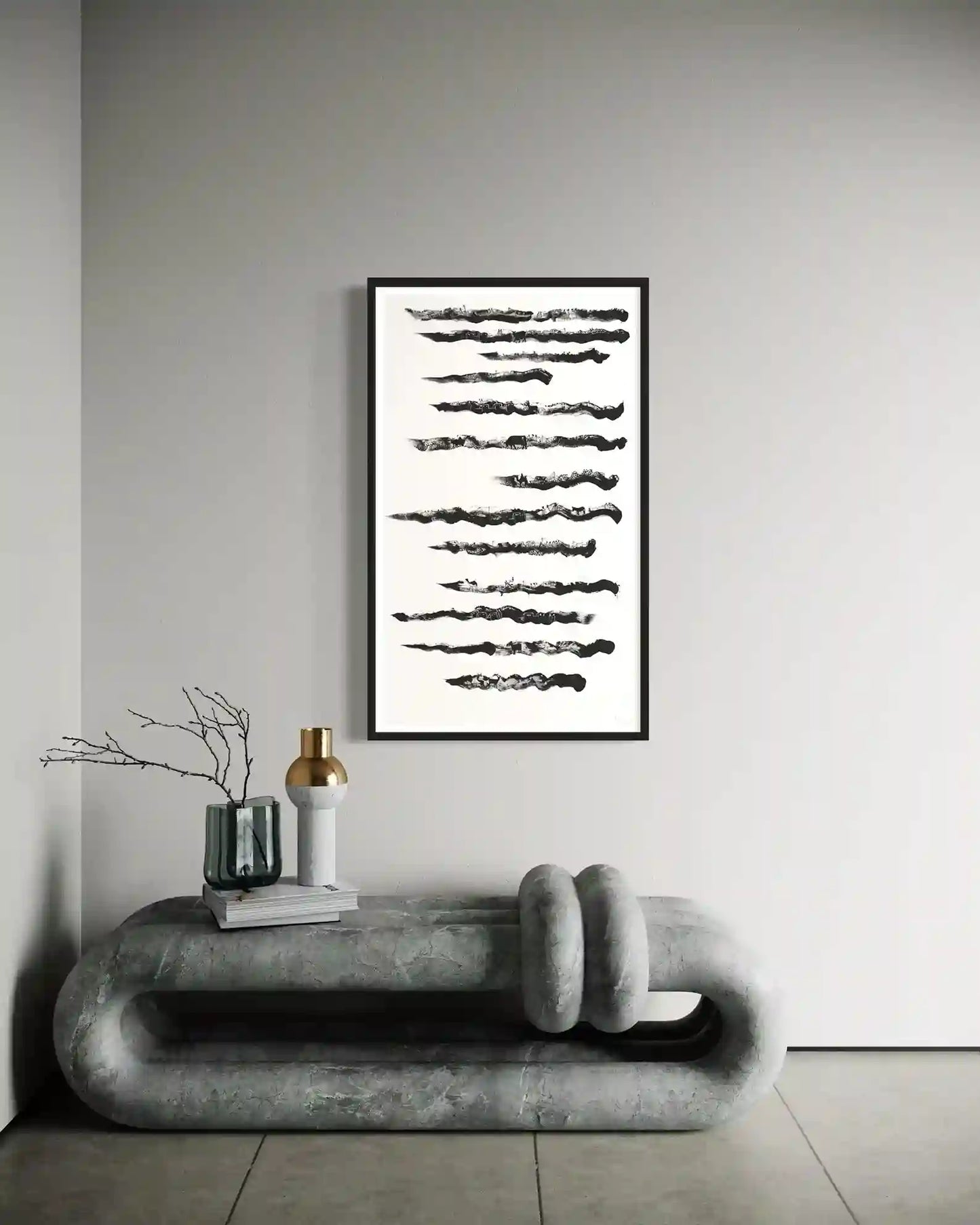 Landscape1 by Gungalito framed art print on wall - minimalist black and white desert landscape with modern interior styling