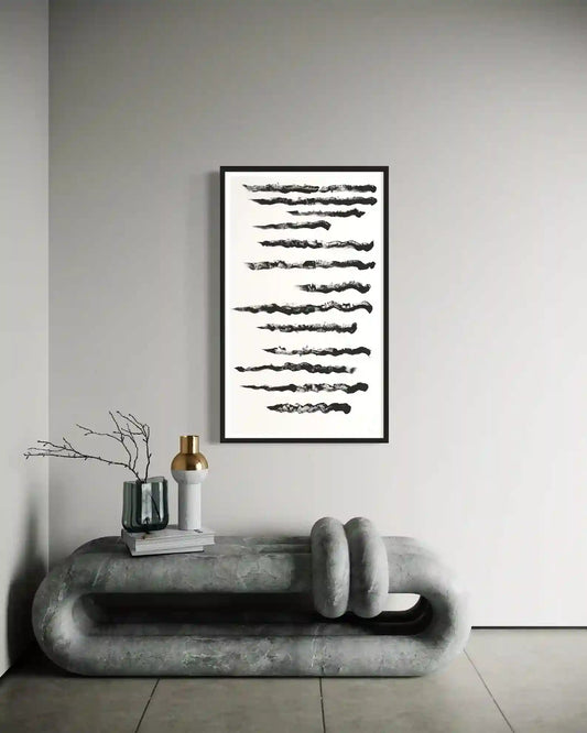 Landscape1 by Gungalito framed art print on wall - minimalist black and white desert landscape with modern interior styling