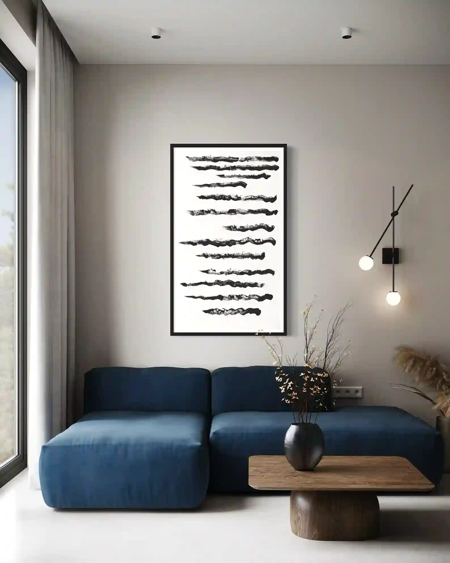 Landscape1 by Gungalito framed print in contemporary living room - minimalist black and white desert art above blue sofa