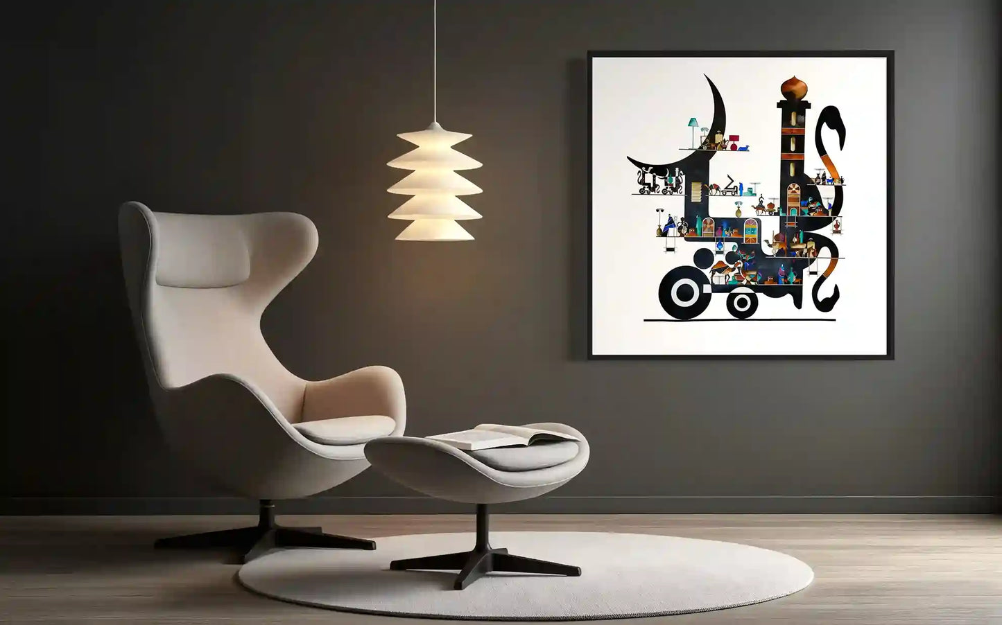 Moving On by Gungalito acrylic painting displayed in modern interior with Egg chair - Arabic calligraphy art wall decor