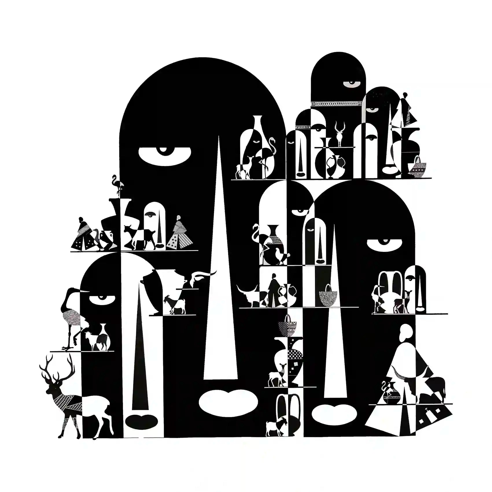 Black and white art print Tombs by Gungalito featuring abstract faces with eyes and hidden figures, animals, and vases