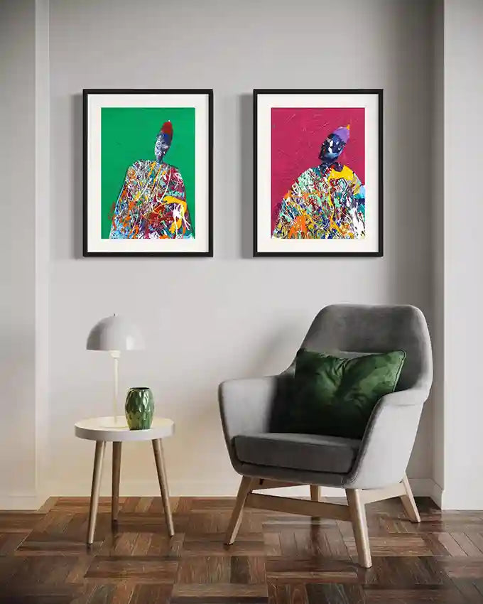 Sufi 1 and 2 by Hani Khalil framed abstract art prints shown in modern minimalist living room setting - contemporary wall decor