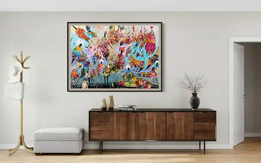 Framed acrylic painting 'From the Sufi Sea Project' by Hani Khalil on modern living room wall - wall art mockup