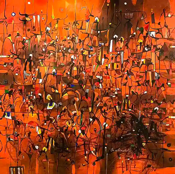 The Harvest Dance art print by Omer Kamal - vibrant orange acrylic painting of Sudanese village celebration with bulls