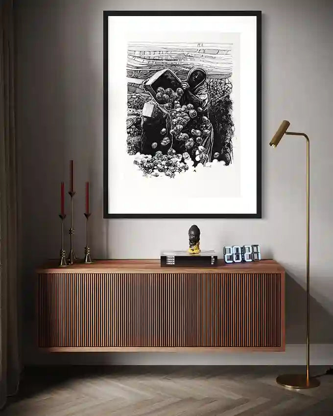 The Harvest black and white art print by Obada Gabir in elegant living room with mid-century modern furniture and brass accents