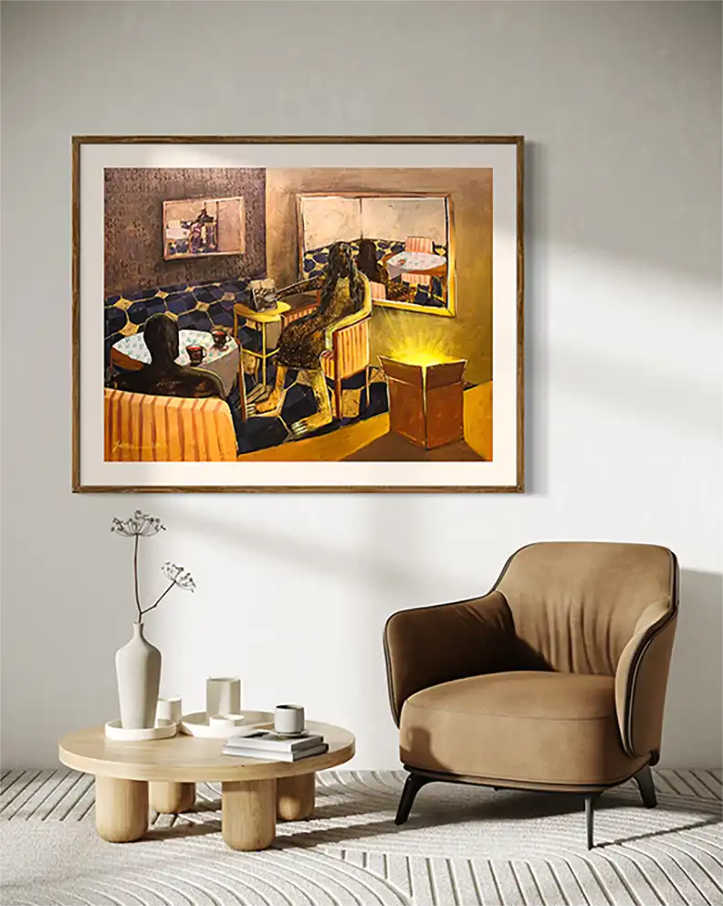 Original acrylic He Is Calm by Yasmeen Abdullah framed and displayed above coffee table with armchair in warm interior