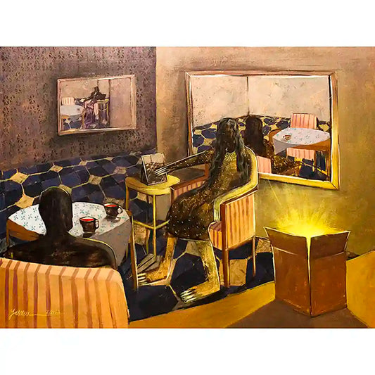 He Is Calm acrylic painting by Yasmeen Abdullah featuring two figures in cafe with mirror reflection and glowing box