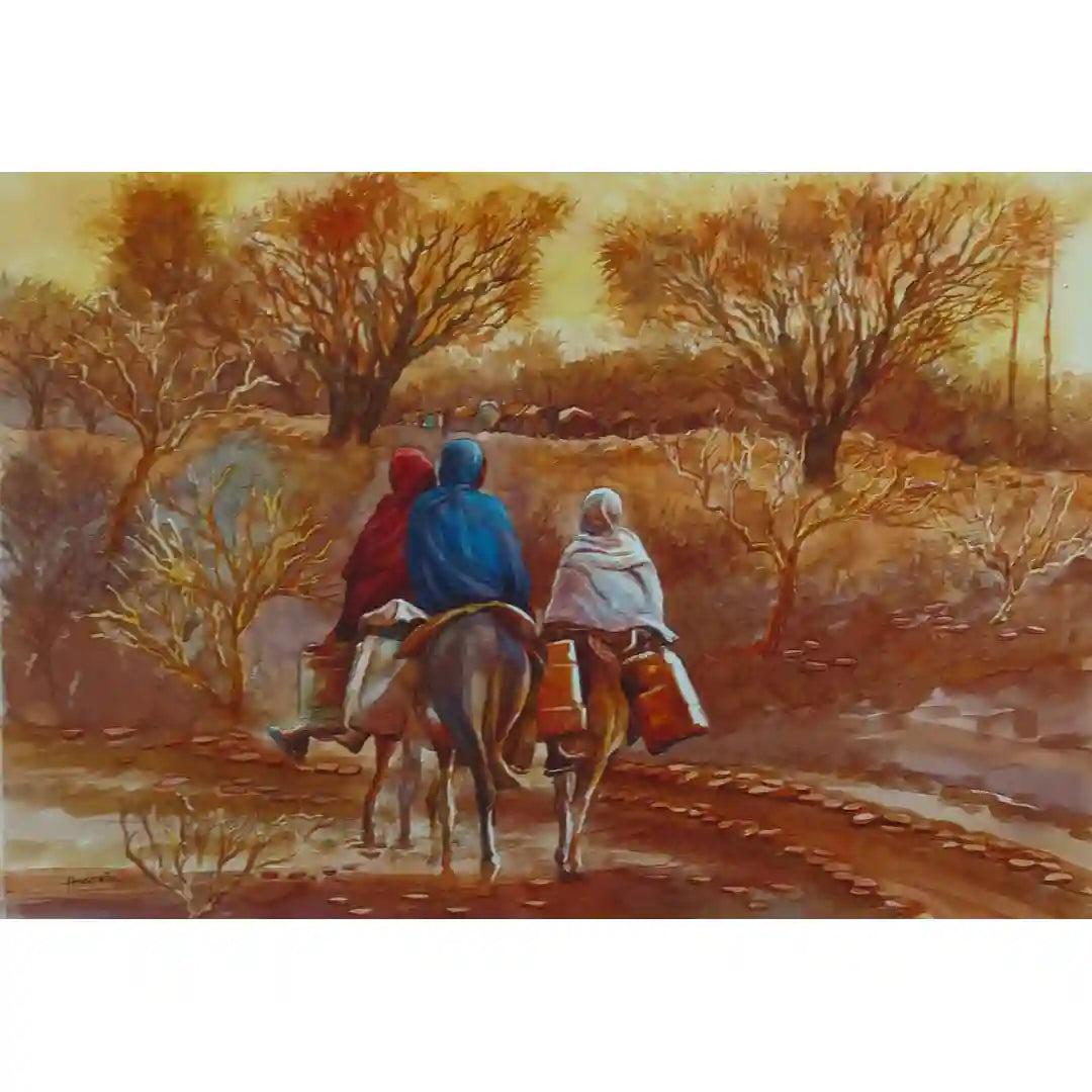 Homeward watercolor painting by Hussein Merghani showing three travelers on donkeys, desert landscape art for sale online