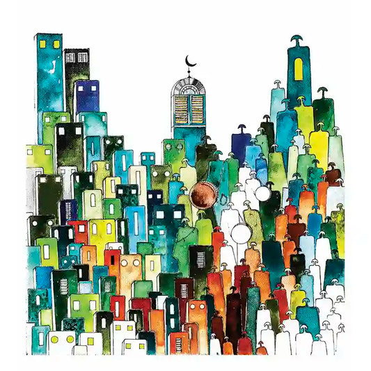 Hoolia by Gungalito - colorful cityscape art print with stacked buildings, domes, and crescent moon in jewel tones

