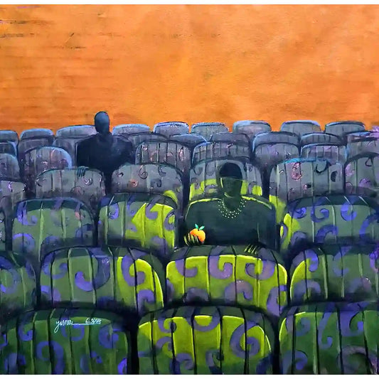 I Have A Seat acrylic painting by Yasmeen Abdullah featuring figure in theater seats holding orange against warm sky