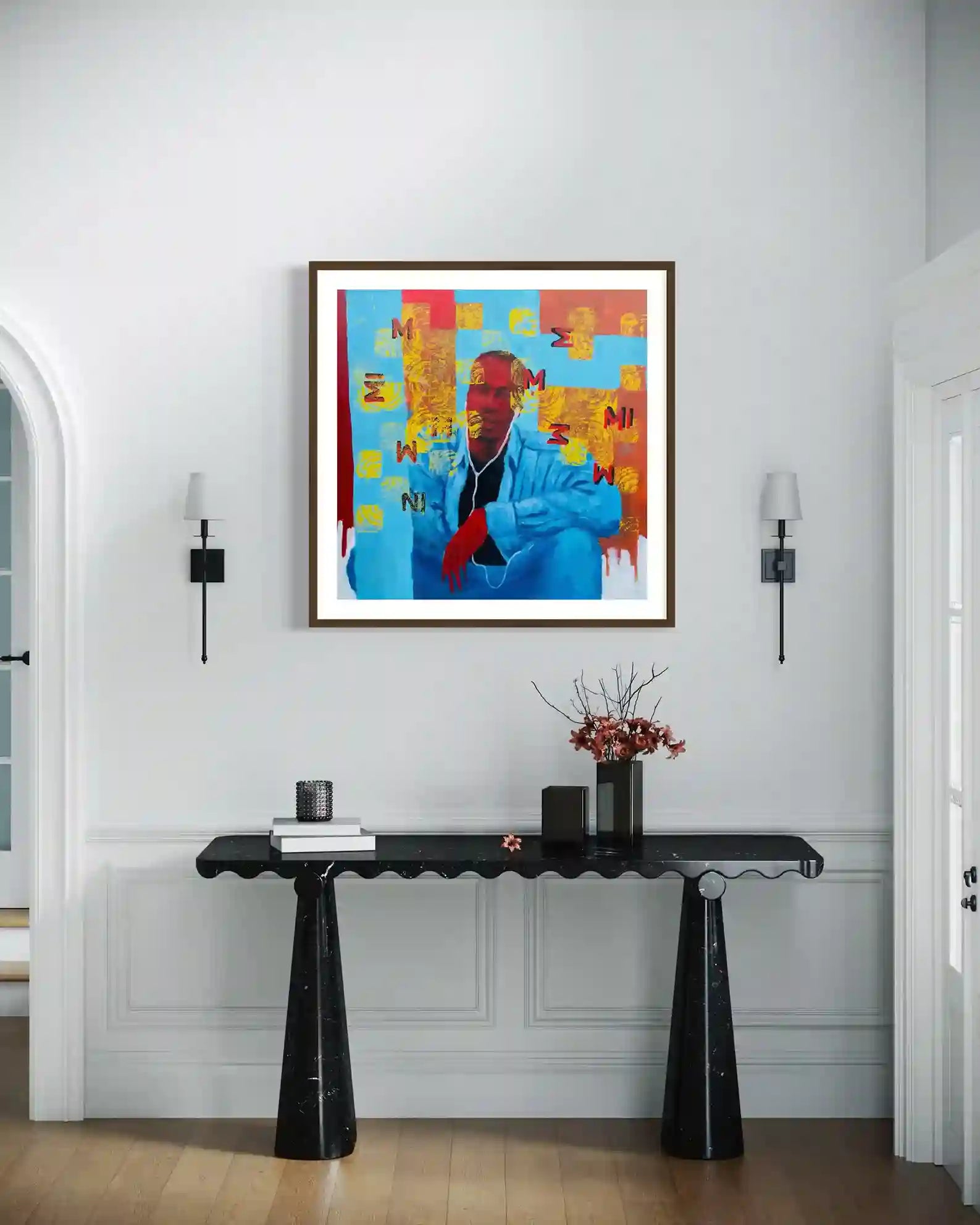 I See You by Mujahid Alhadi framed mixed media artwork displayed in elegant entryway with black console table and wall sconces