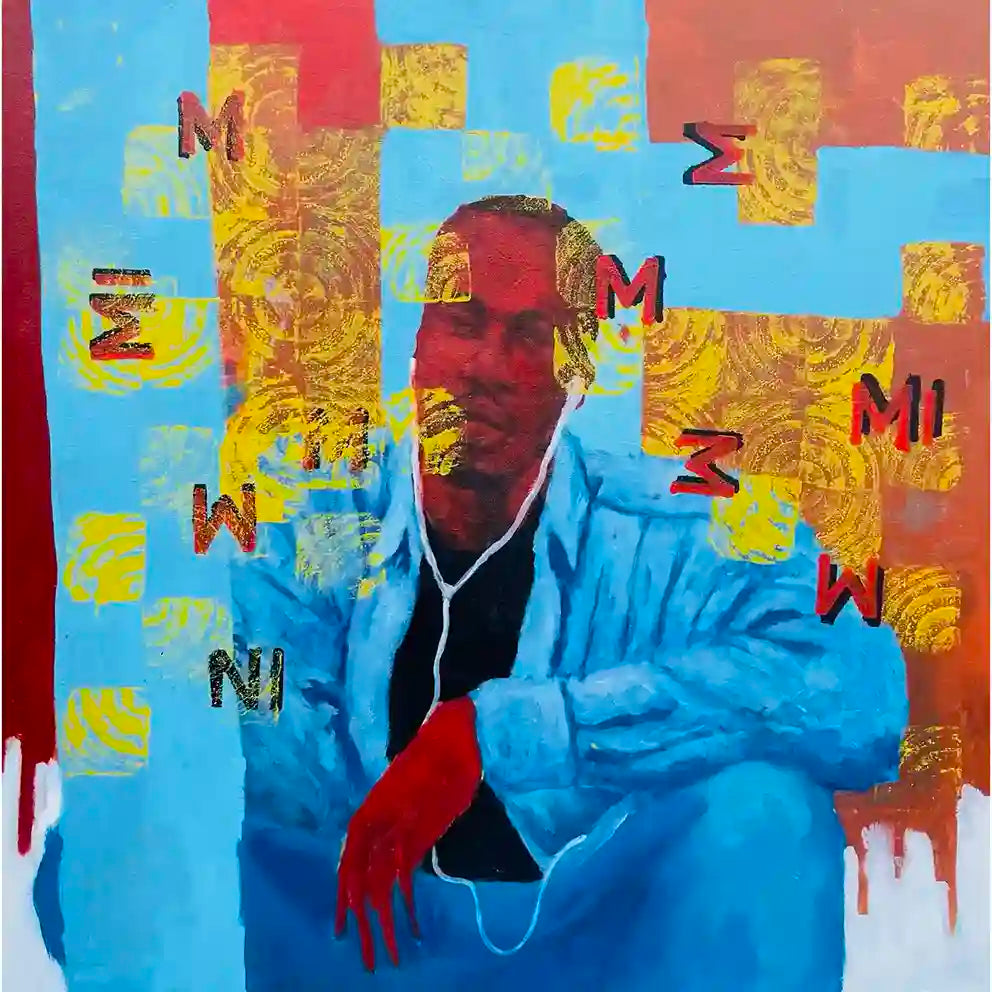 I See You by Mujahid Alhadi mixed media painting showing seated figure in blue with scattered letters on colorful background