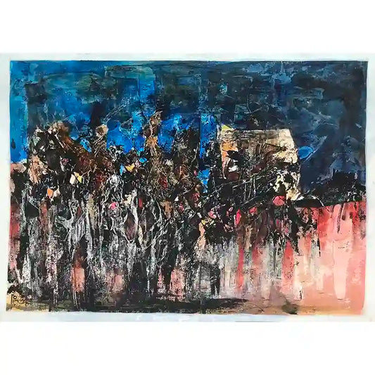 In Saturn acrylic artwork by Samir Shareef featuring dramatic blue sky, dark figures, and pink coral abstract composition.