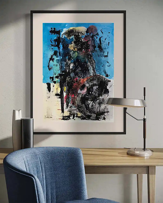 Iron Drum painting by Samir Shareef in black frame displayed above desk in modern office interior design mockup (
