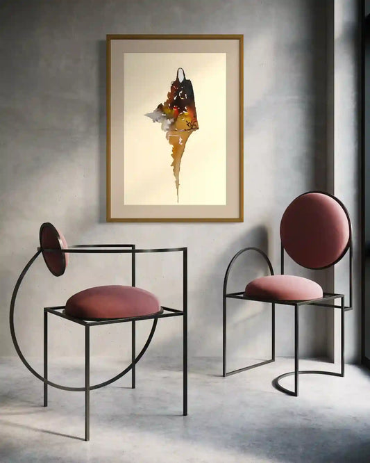 Lady From My Culture 1 by Gungalito in gold frame, modern interior decor watercolor cultural artwork print on gray wall