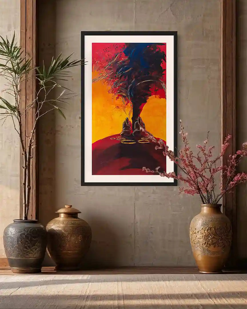 Last Light art print by Bakri Moaz in black frame displayed in rustic interior with ceramic vases and dried flowers